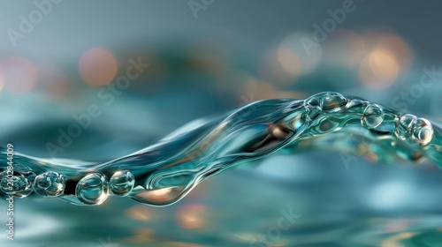 A close-up of a flowing water wave with glistening droplets and soft bokeh lights, captured under cinematic lighting on a white background.