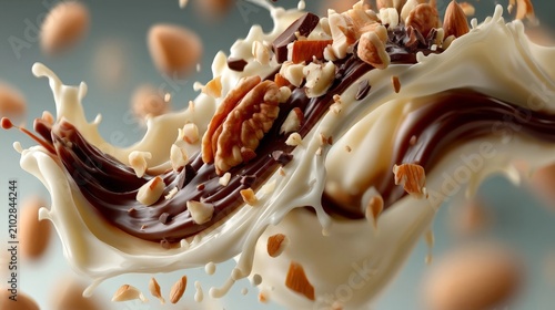 A dynamic splash of cream and chocolate with scattered nuts, captured in natural lighting with rich color grading.