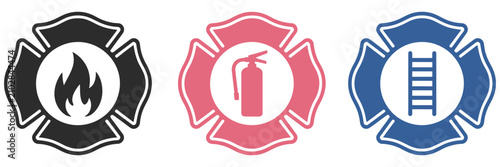 Photos firefighter maltese cross emblem icons featuring a fire department badge, saint