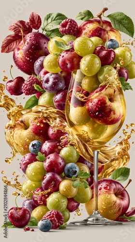 A vibrant splash of multifruit juice from a glass surrounded by fresh apples, grapes, cherries, and berries on a clean white background.