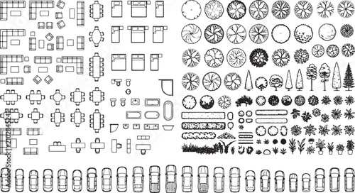 Architectural floor plan symbols set featuring furniture layouts landscape vegetation elements and vehicle top view silhouettes for design