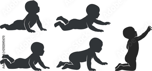 Foto Cute Baby Silhouette Icon Set with Infants Crawling Lying on Tummy and Reaching