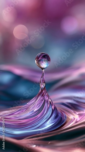 A mesmerizing 3D render of a liquid droplet forming a perfect sphere atop a swirling, iridescent wave of colorful fluid.