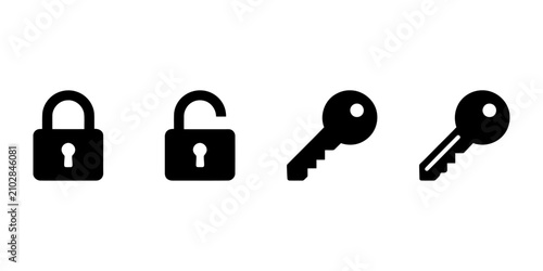 Foto Black and white lock and key icons set with open and closed padlocks