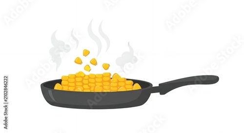 Cooking Golden Sweet Corn Kernels in a Frying Pan with Rising Steam Illustration