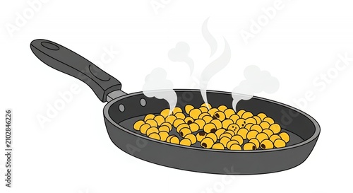 Vector illustration of roasting yellow soybeans or chickpeas in a black frying pan with rising steam, healthy cooking concept