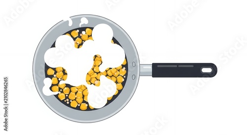 Vector illustration of popcorn kernels in a frying pan