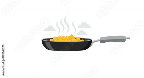 Vector Illustration of a Hot Frying Pan with Steaming Golden Corn Kernels Isolated on White Background