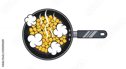 Cartoon vector illustration of yellow corn kernels cooking in a black frying pan with rising steam
