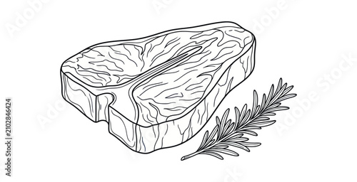 Foto Hand Drawn T-Bone Steak and Rosemary Outline Vector