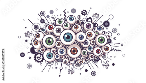 Surreal illustration of a cluster of many human eyes and mechanical hands surrounded by floating geometric shapes and gear parts.