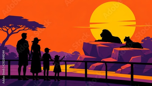 Family Watching Lions at Sunset Zoo Exhibit