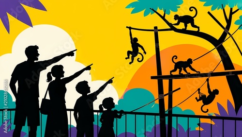 Family Pointing at Monkeys in Zoo Pop Art Scene