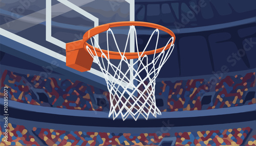 Photography Close view of a basketball hoop with a net inside a large stadium filled with crowds during an exciting sporting competition event