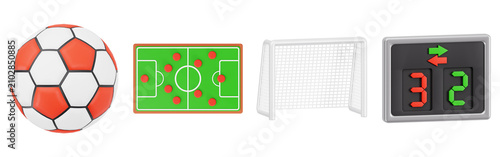 Bild auf Leinwand 3D Soccer Match Icons Set with Ball Strategy Board Goal Net and Substitution Dis