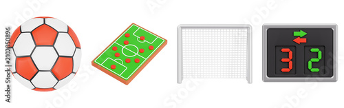 Bild auf Leinwand 3D Soccer Match Icons Set with Ball Strategy Board Goal Net and Substitution Dis