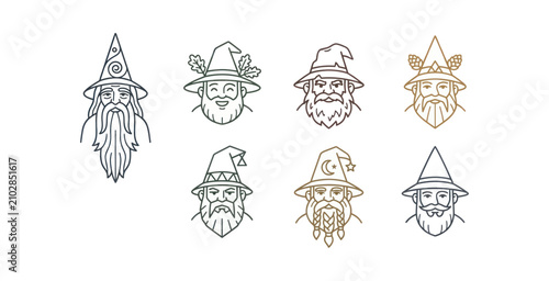 Foto Wizard Head Icon Set in Minimalist Monoline Style