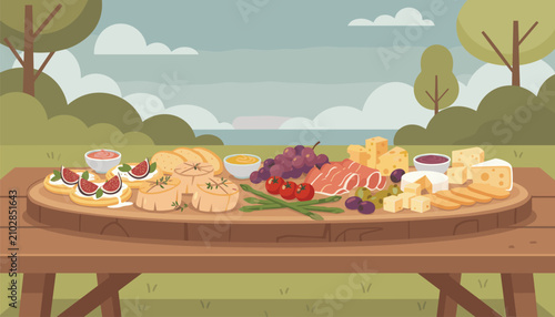 Tableau sur toile Wooden table set outdoors with an abundant charcuterie board containing cheese, fruits, prosciutto, and appetizers for a picnic
