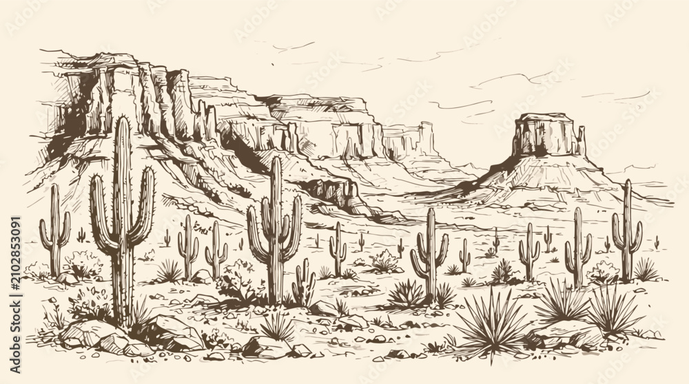 Obraz premium A handdrawn sketch of a vast desert landscape with towering saguaro cacti and majestic mesas under a cloudy sky