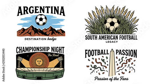 Canvastavla Set of vintage Argentina football travel badges featuring soccer balls, stadium, and obelisk, retro graphic illustration for apparel design