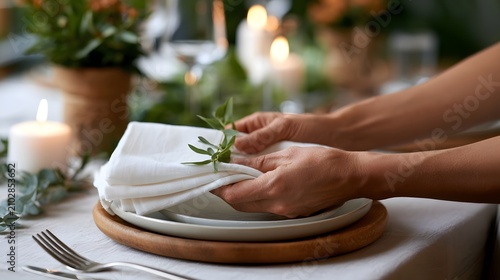 Hands carefully folding a white cloth napkin over a plate on a wooden charger at an elegantly set table with candles and greenery