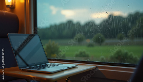 Laptop placed on a table inside a train with rain on the window overlooking a green landscape, concept remote work, with copy space