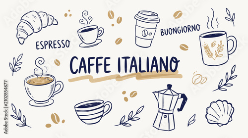 Konstfotografi Collection of handdrawn Italian coffee shop icons and typography including espre