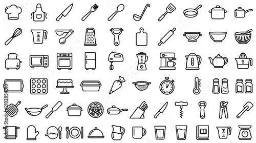Flat Design Kitchen Utensils and Appliances Icon Set.