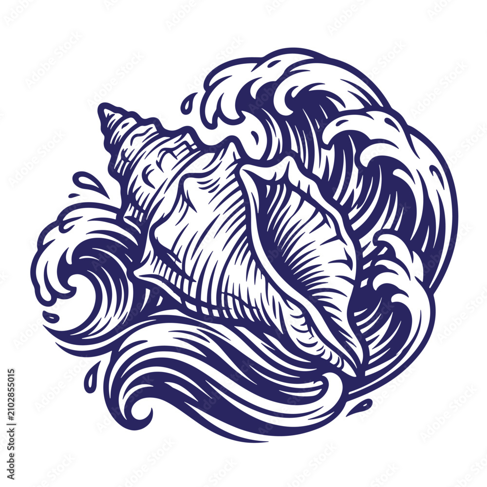 Obraz premium A dark blue line of a single spiral seashell positioned on of swirling ocean waves, t-shirt poster isolated on a white background, maritime branding, coastal decor, and summer