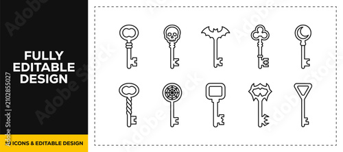 flat vector illustration line art icon bundle set design displaying vintage classic keys decorative ancient locks antique access tools and historical door openers graphic