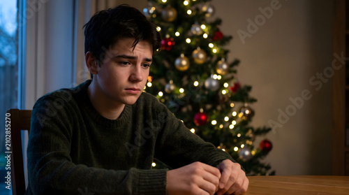 Portrait, Child, Portrait of candid authentic dreamer boy teenager in sadness depressing emotion at home Xmas