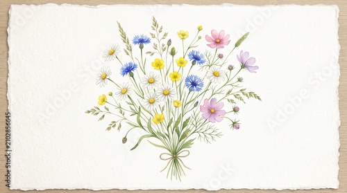 Delicate watercolor illustration featuring a charming bouquet of wildflowers tied with a simple twine bow on a textured off white paper background with presents detailed watercolor