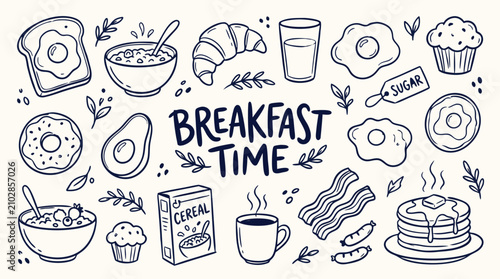 Handdrawn doodle illustration featuring a collection of popular breakfast foods and beverages