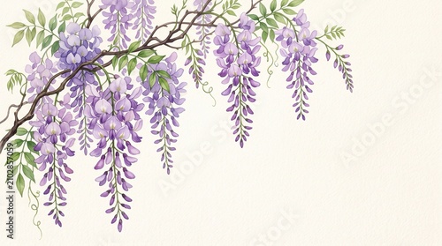 Elegant watercolor wisteria hanging branch illustration with soft purple floral clusters and lush green foliage against a minimalist cream background for artistic design with petal