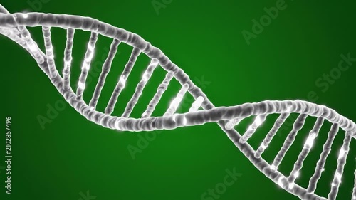 A glowing DNA double helix structure on a dark green background