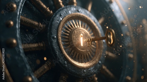 Close-up of an old rusty metal safe door with intricate keyhole design and a golden key inserted glowing with light particles surrounding the scene
