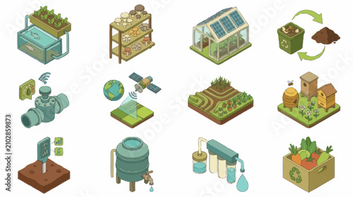 Isometric illustration of sustainable agriculture and eco friendly technology.