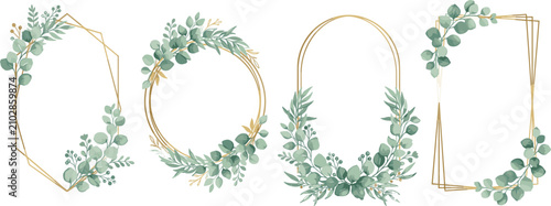 Canvastavla Set of elegant geometric gold frames decorated with watercolor eucalyptus branch