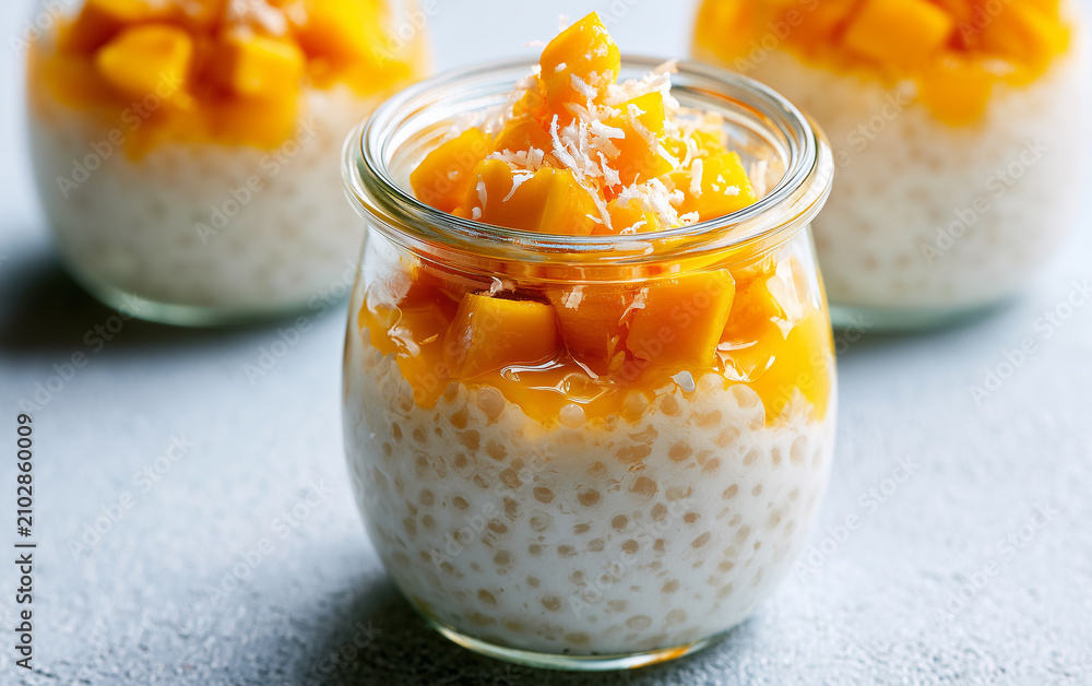 Obraz premium Mango sago dessert with coconut jelly, creamy pudding, fresh mango cubes, and shredded coconut in glass jar on gray background