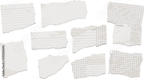 A collection of torn paper sheets with various grid patterns and textures on a white background