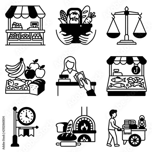 Variety of Food and Market Scene Illustrations with People and Cooking Elements.