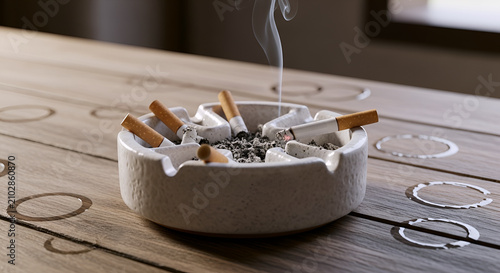 The concept of cigarettes and ashtrays with tobacco smoke symbolizing the health risks of smoking and nicotine addiction.
