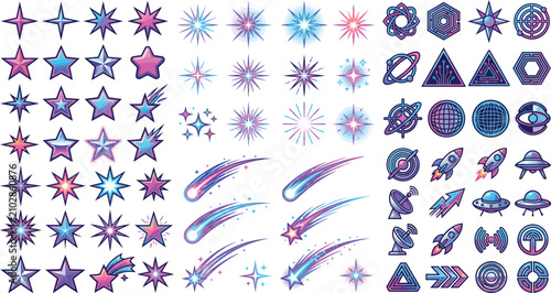 A colorful illustration of various space and astronomy symbols, including stars, planets, and rockets, in shades of purple, blue, and pink.