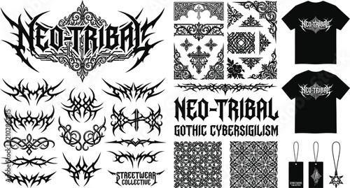 A collection of neo tribal gothic designs and streetwear clothing with cyber sigilism patterns