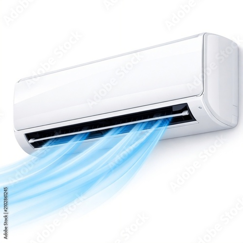 Wall-mounted air conditioner releasing a cold air stream
