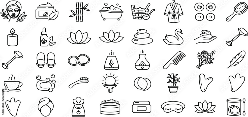 Naklejka premium Minimalist Spa and Wellness Line Icon Set Featuring Modern Black and White Aromatherapy Massage Meditation and Self Care Illustrations for Digital Designs