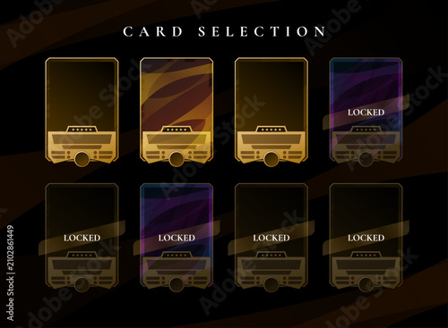 Foto Fantasy trading card selection interface featuring collectible card browsing with locked slots, rarity progression, and holographic card variations