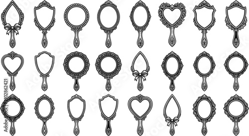 Set of vintage ornate hand mirror frames, elegant decorative black antique borders, vector illustration collection