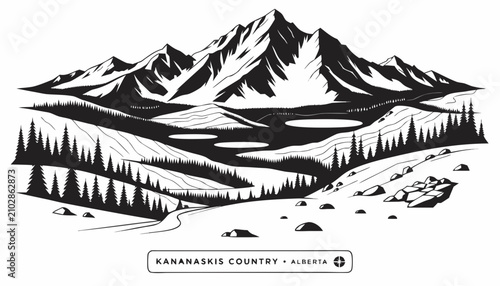 Very beautiful black and white realistic vector illustration of KANANASKIS COUNTRY • ALBERTA featuring a bold scenic label reading 