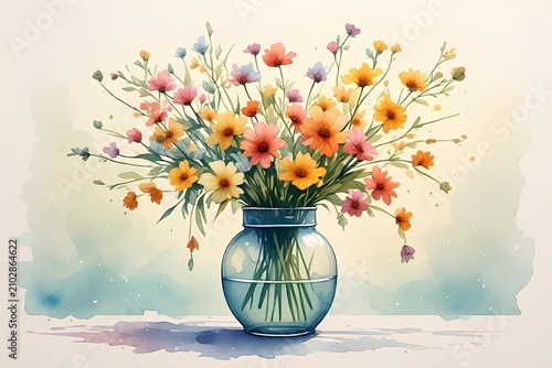 Delicate Watercolor Wildflowers in Glass Vase